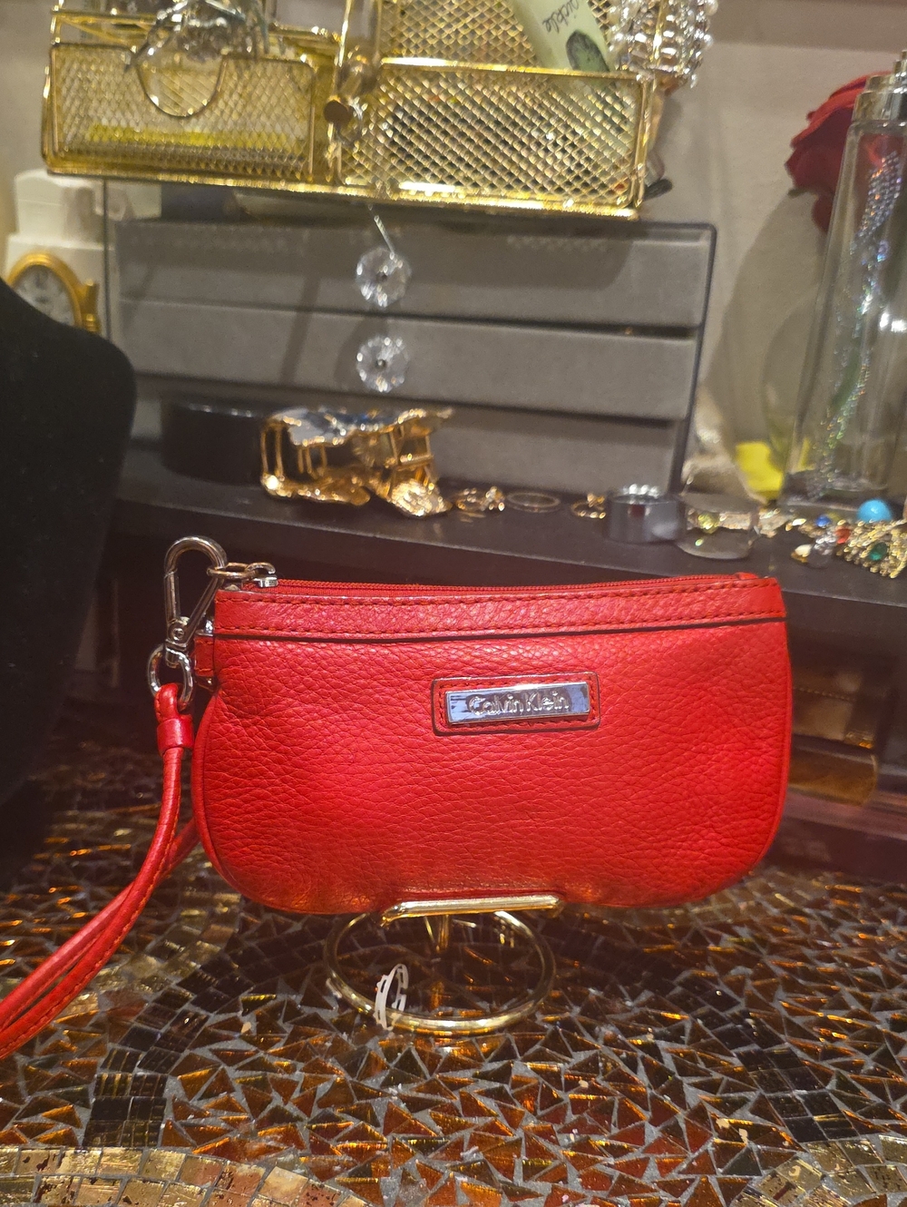 Calvin Klein Red Leather Wristlet Clutch